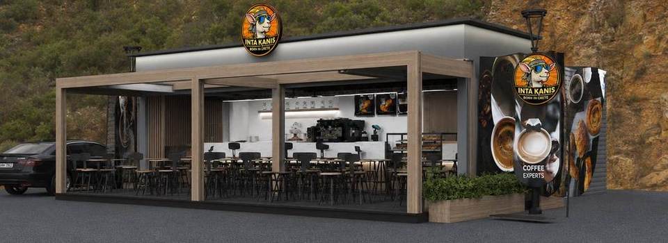 Το concept καταστήματος INTA KANIS: υπαίθριος πάγκος με ξύλινη πέργκολα, καθιστικό και το σήμα στην πρόσοψη